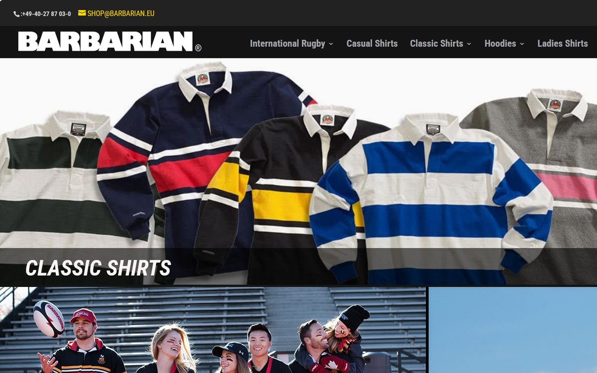 Startseite des WooCommerce-Shops von Barbarian.eu für Rugby-Bekleidung