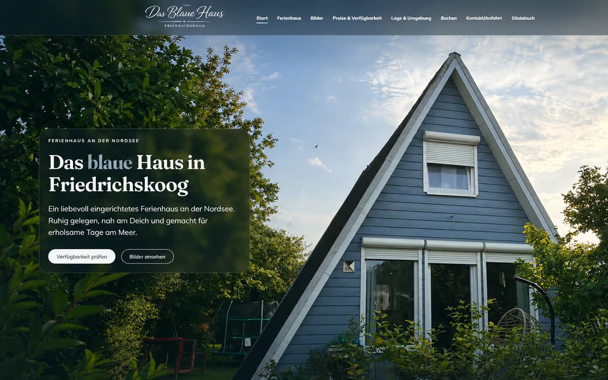 Startseite der Ferienhaus-Website Das blaue Haus in Friedrichskoog