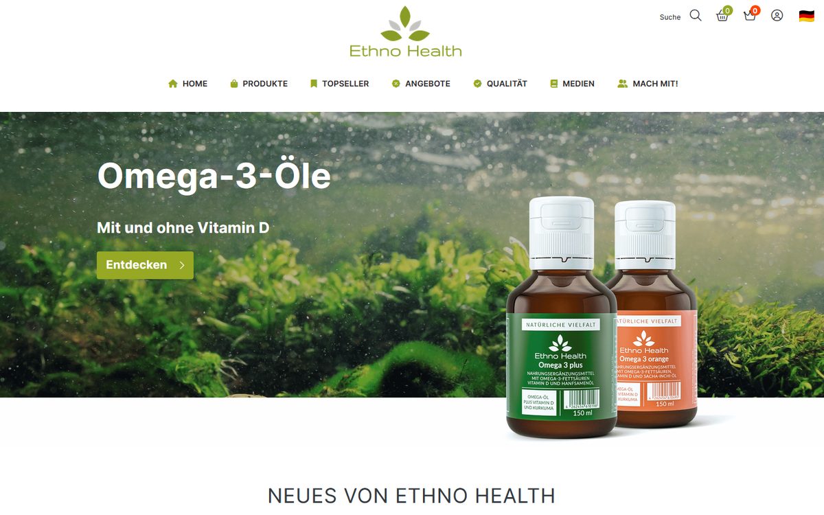 Startseite des Shopware-Shops von Ethno Health